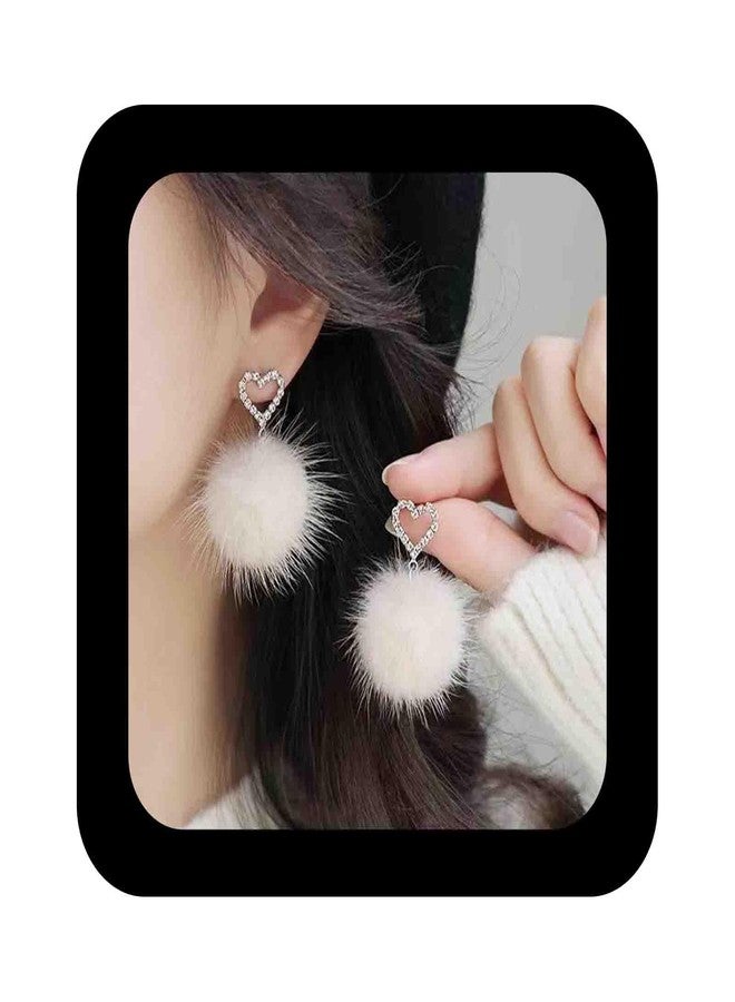 IRCOMULTI Winter Pom Pom Earrings White Fluffy Stud Earrings Pom Pom Ball Earrings Faux Fur Ball Earrings Fluffy Pom Dangle Earrings Jewelry for Women(CZ Heart Style) - Image 1